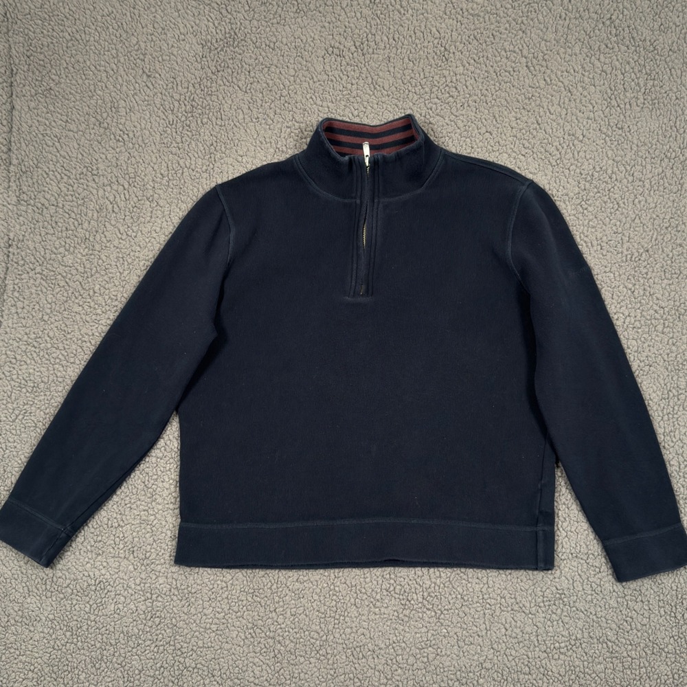 Faconnable Quarter Zip Sweater Mens Large Navy Blue Striped Pullover Preppy Neck